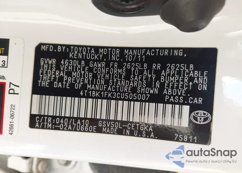 2012 Toyota Camry Xle V6 из США, поврежденный, VIN 4T1BK1FK3CU505007